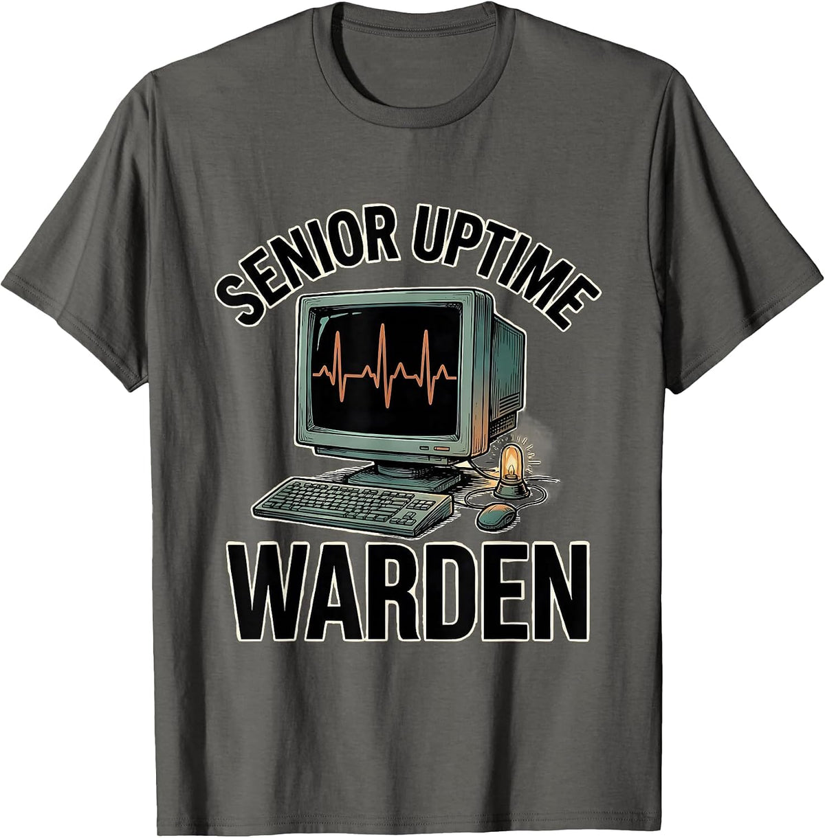 Men's Senior Uptime Warden Funny IT Tech Support Workplace Humor T-Shirt - Asphalt Grey