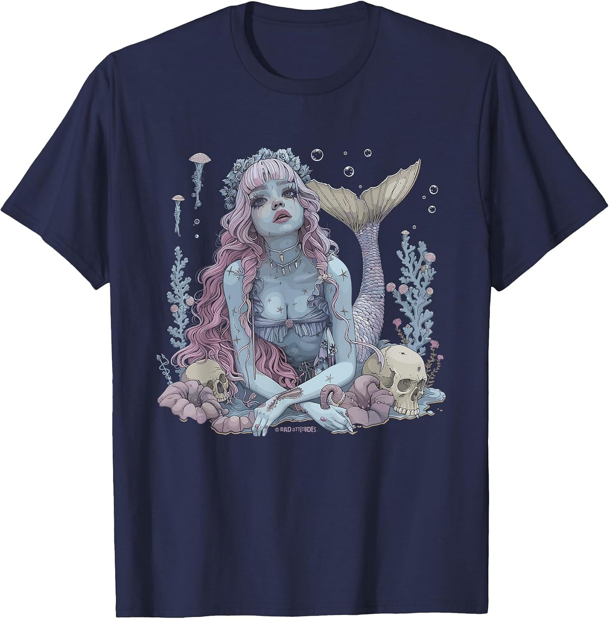 Dark Mermaid Art Gothic Mermaidcore Nautical Ocean Goth T-Shirt - Navy Blue
