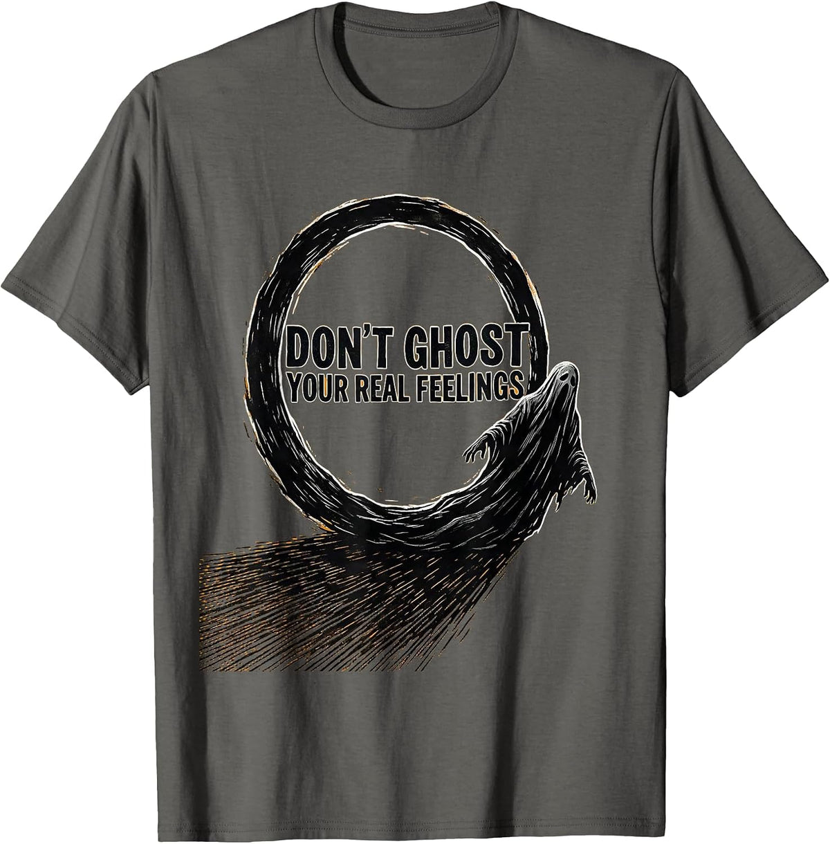 Don't Ghost Your Real Feelings Linocut Halloween Mental T-Shirt - Asphalt Grey