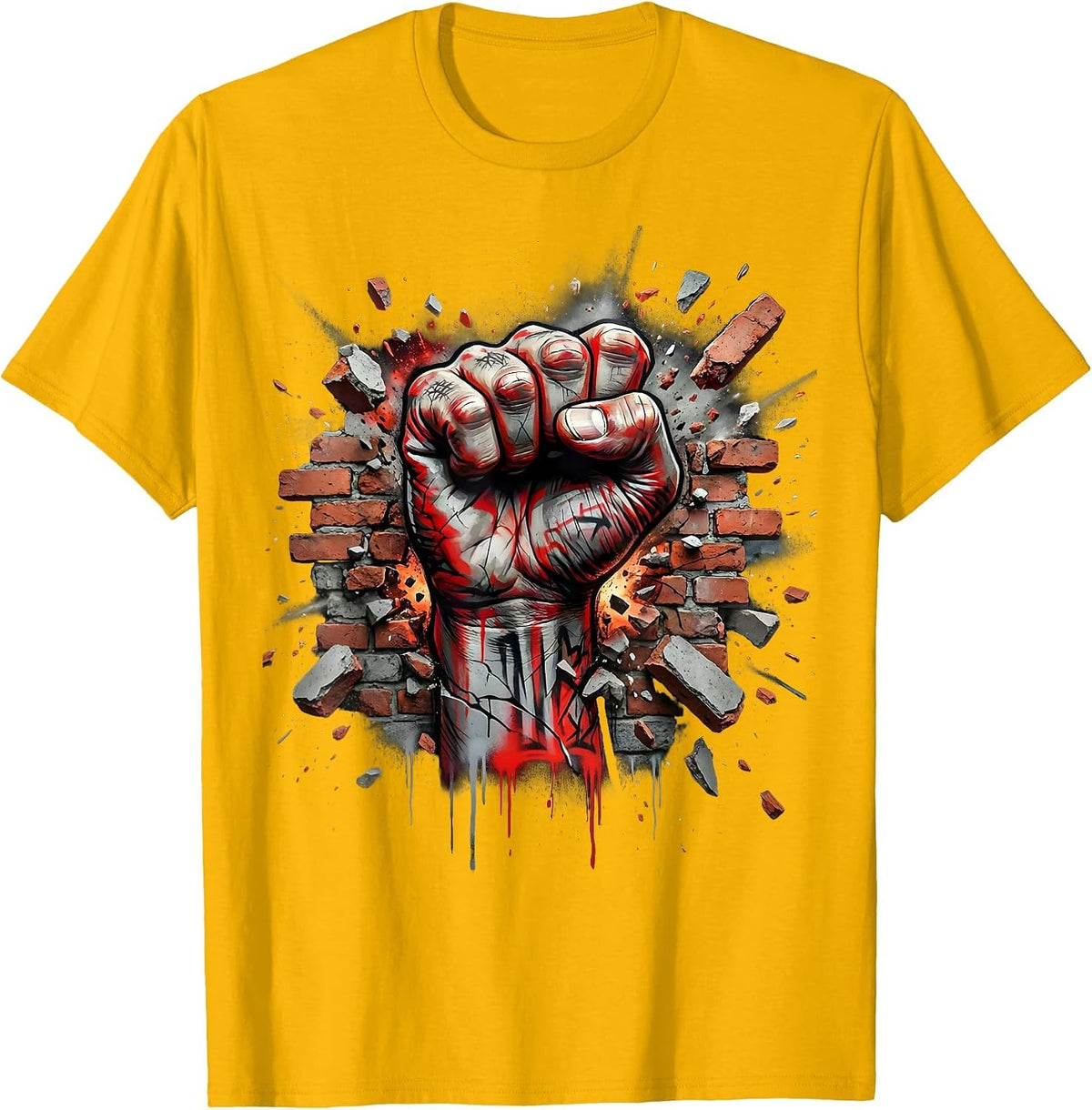 Punk Rock Fist Through Brick Wall Graphic Tee T-Shirt - Golden Yellow