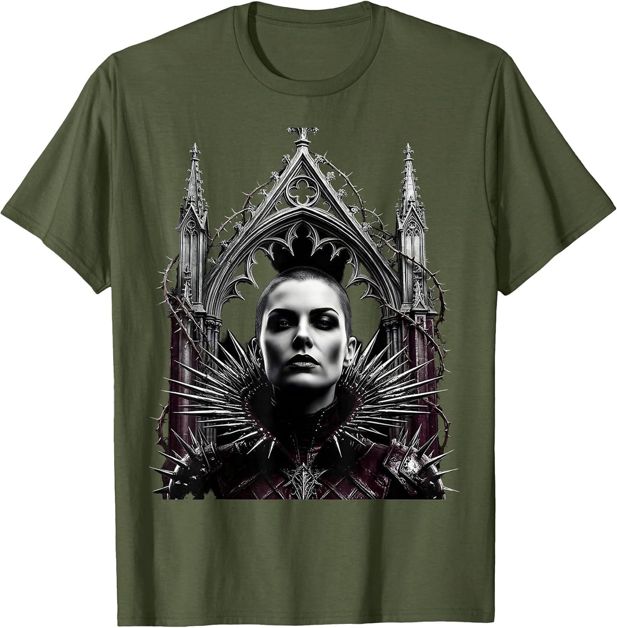 Punk Shaved Head Spiked Collar Graphic Design T-Shirt - Olive Green