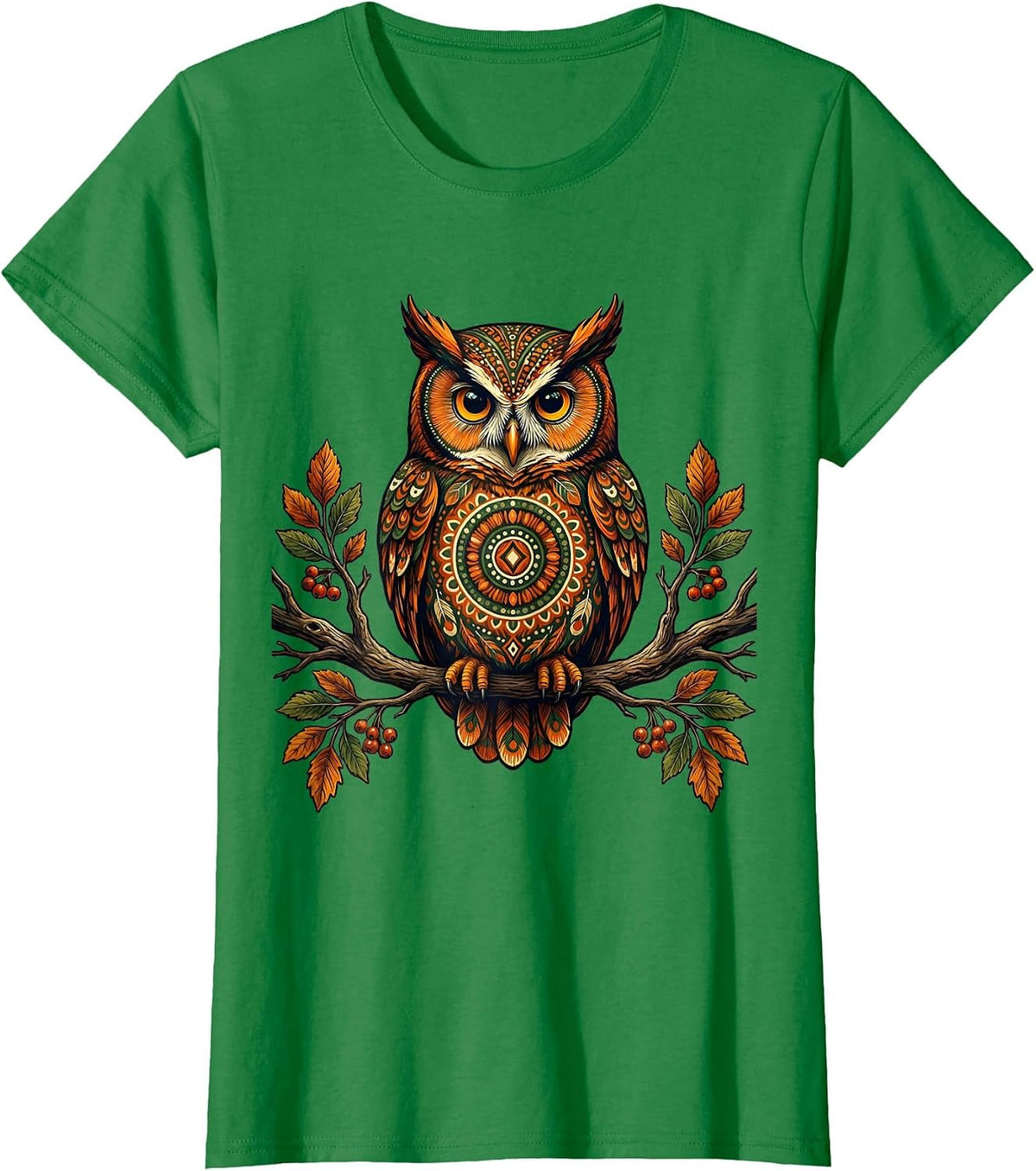 Women's Autumn Owl Perched on Bare Branch Fall Design T-Shirt - Kelly Green