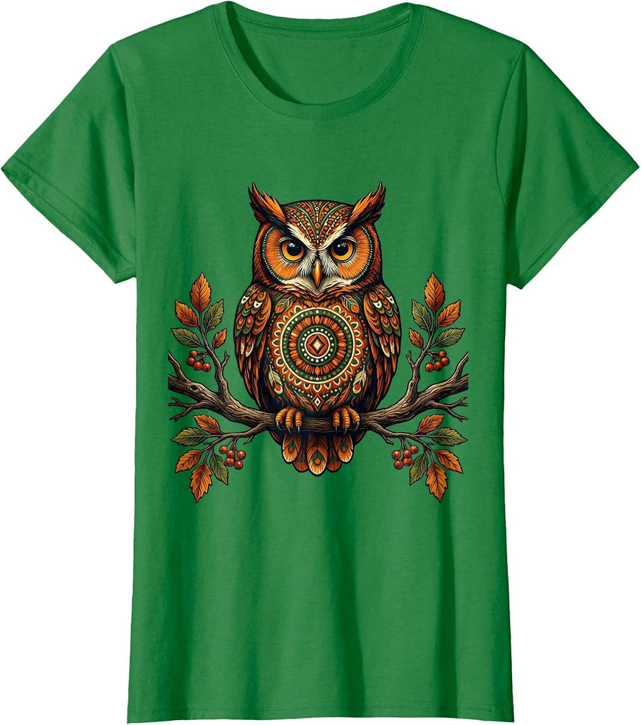 Women's Autumn Owl Perched on Bare Branch Fall Design T-Shirt - Kelly Green