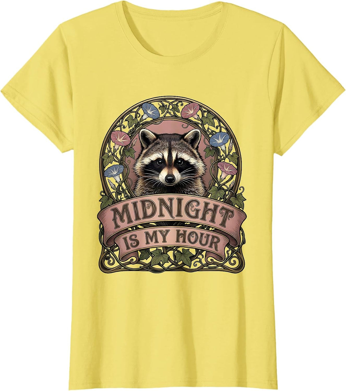 Women's Midnight Is My Hour Raccoon Night Owl Design T-Shirt - Lemon Yellow