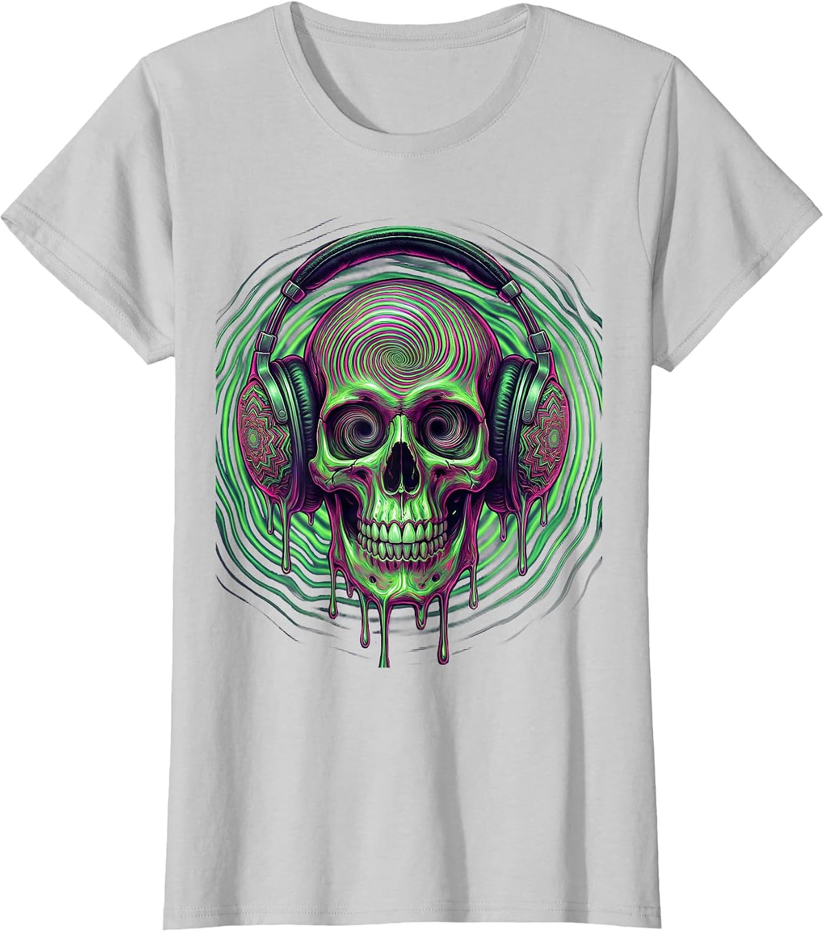 Women's Skull With Oversized Vintage Headphones Graphic T-Shirt - Silver Grey