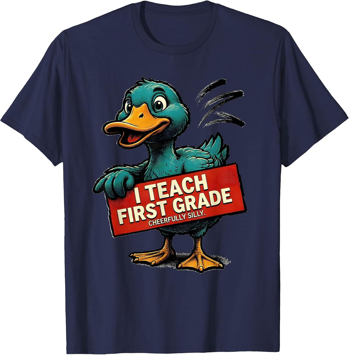 Men's I Teach First Grade Cheerfully Silly Retro Advertising T-Shirt - Navy Blue