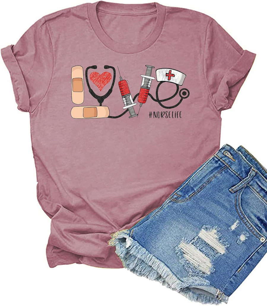 HONTOUTE Womens Nurse Life Stethoscope Graphic T-Shirt Nurse Works Short Sleeve Summer Medical Profession Fit Tees Tops -