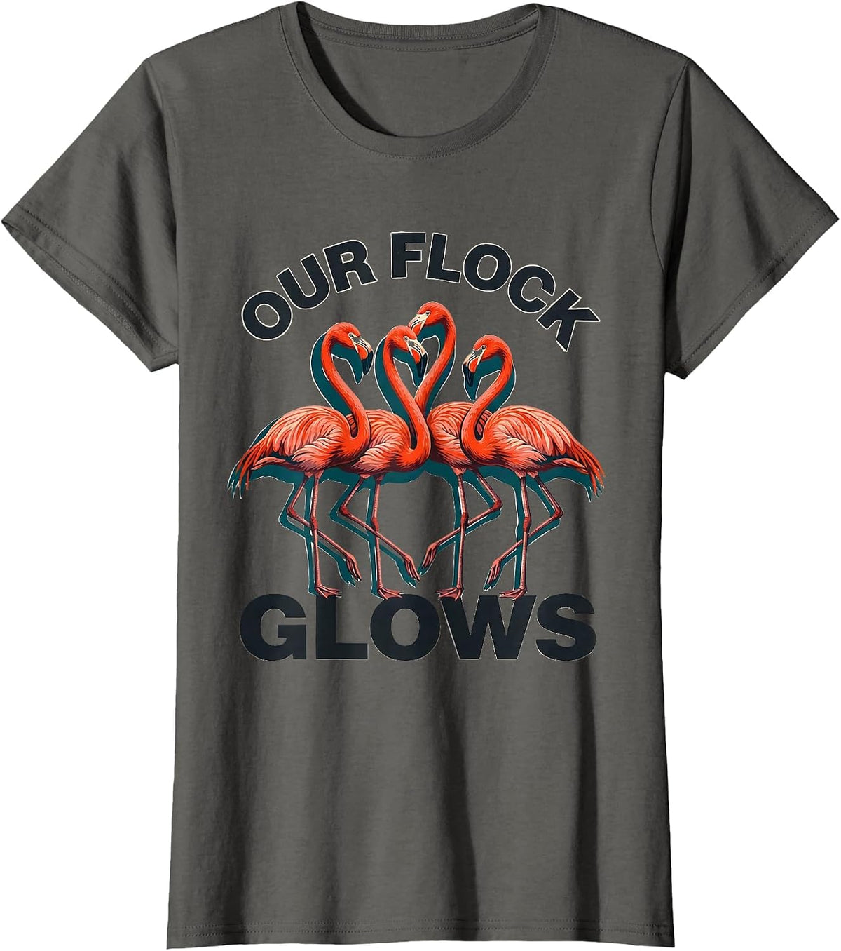 Women's Our Flock Glows Funny Flamingo Lover Novelty T-Shirt - Asphalt Grey