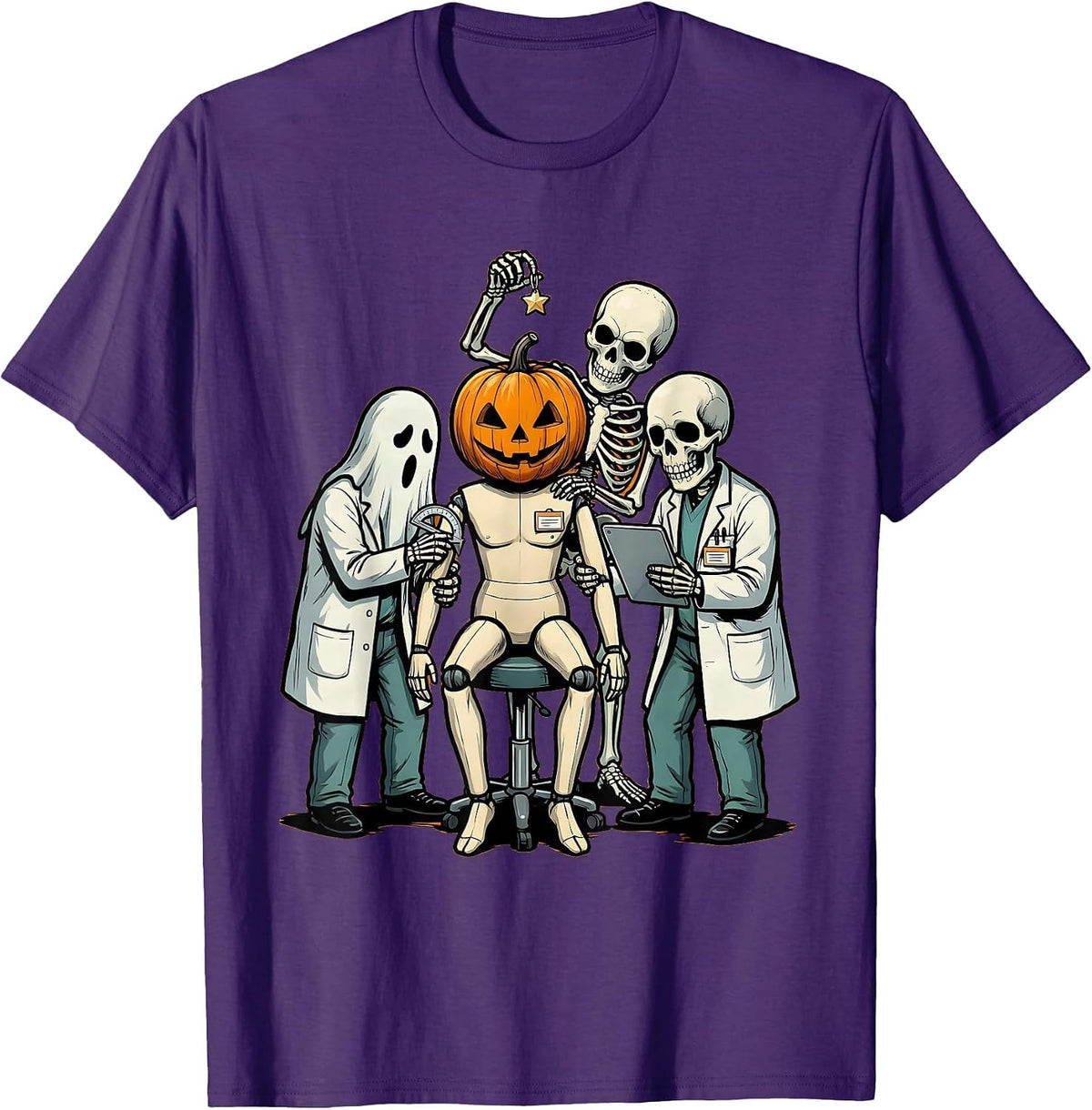 Men's Pumpkin Head Therapy Halloween Ghost Skeleton Clinician T-Shirt - Purple