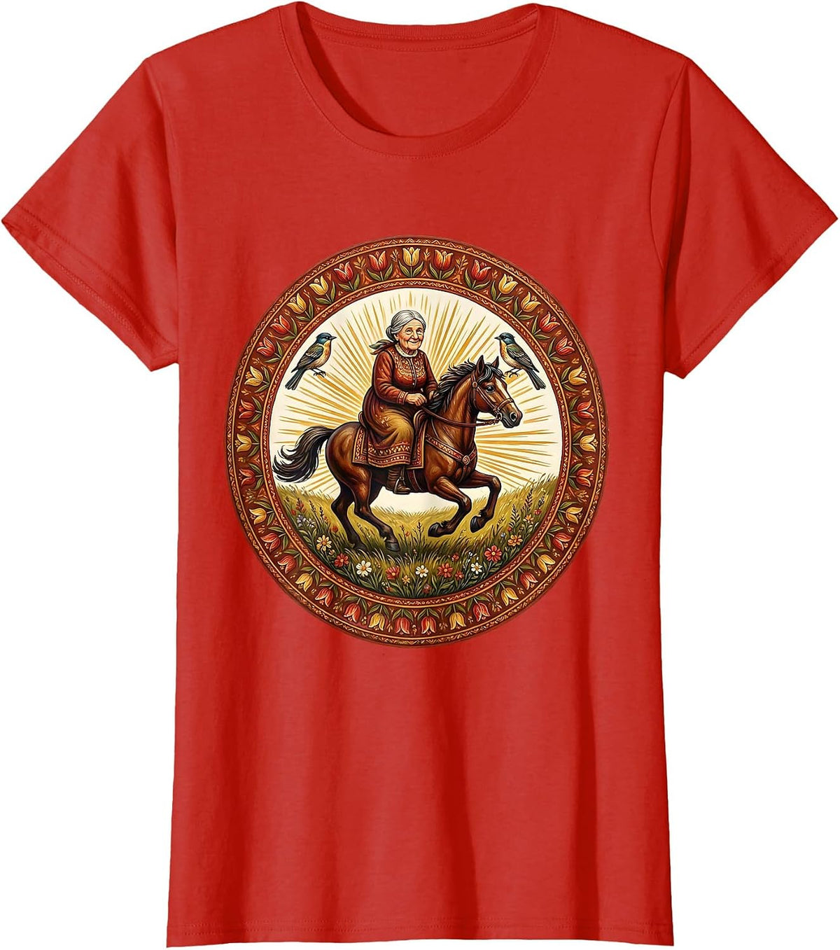 Grandma Riding Horse Through Open Meadow T-Shirt - Red