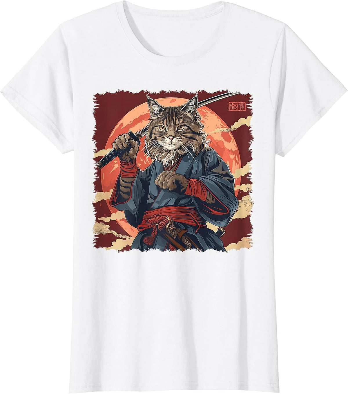 Maine Coon Cat Japanese Art Samurai Ukiyo-e T-Shirt - White