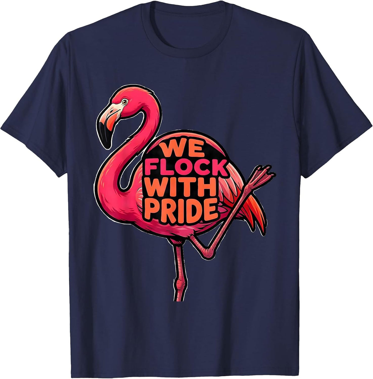 Men's We Flock With Pride Cartoon Flamingo Bird Lover Summer T-Shirt - Navy Blue