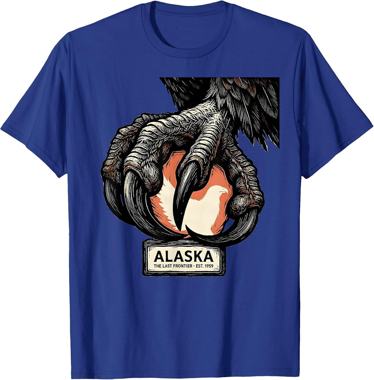 Men's Alaska The Last Frontier Est 1959 Linocut Eagle Salmon T-Shirt - Royal Blue