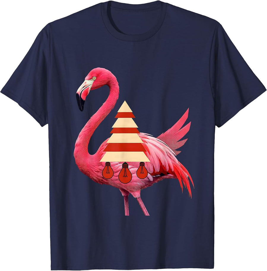 Pink Flamingo Christmas Tree Wood Type Letterpress Novelty T-Shirt - Navy Blue