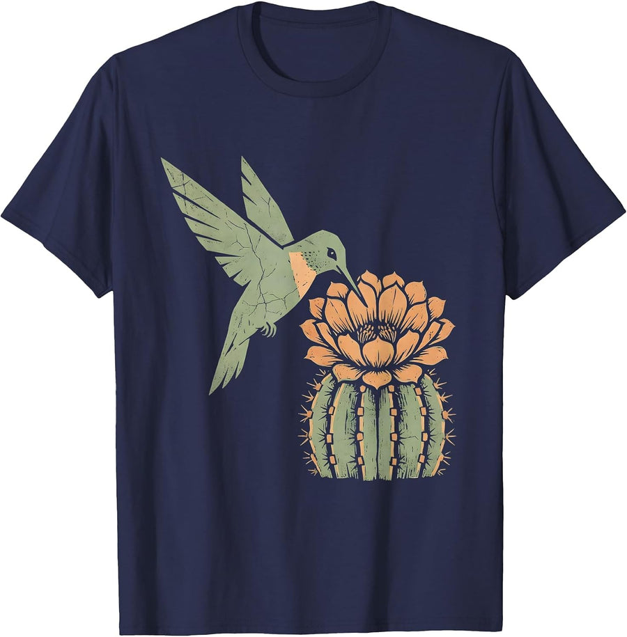 Boho Hummingbird Desert Cactus Flower Art T-Shirt - Navy Blue