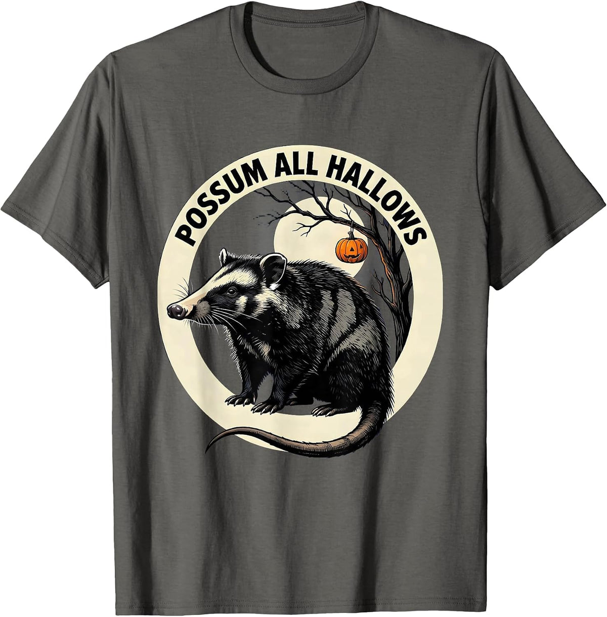 Possum All Hallows Vintage Opossum Halloween Spooky Moon T-Shirt - Asphalt Grey