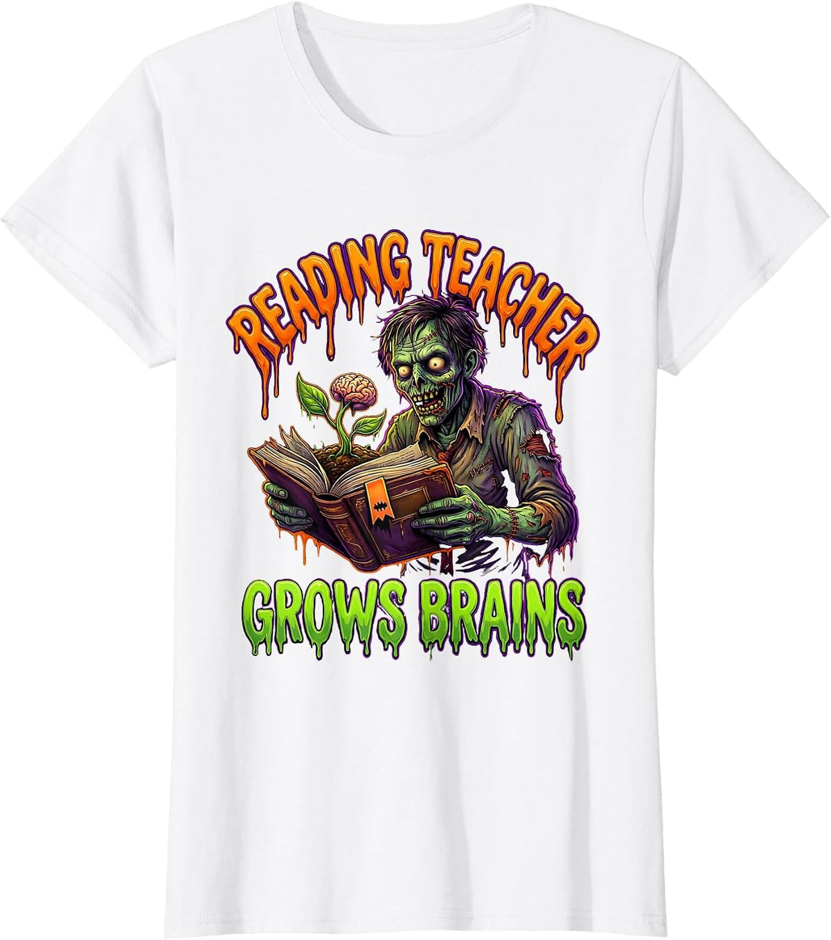 Reading Teacher Grows Brains Funny Zombie Halloween School T-Shirt - White