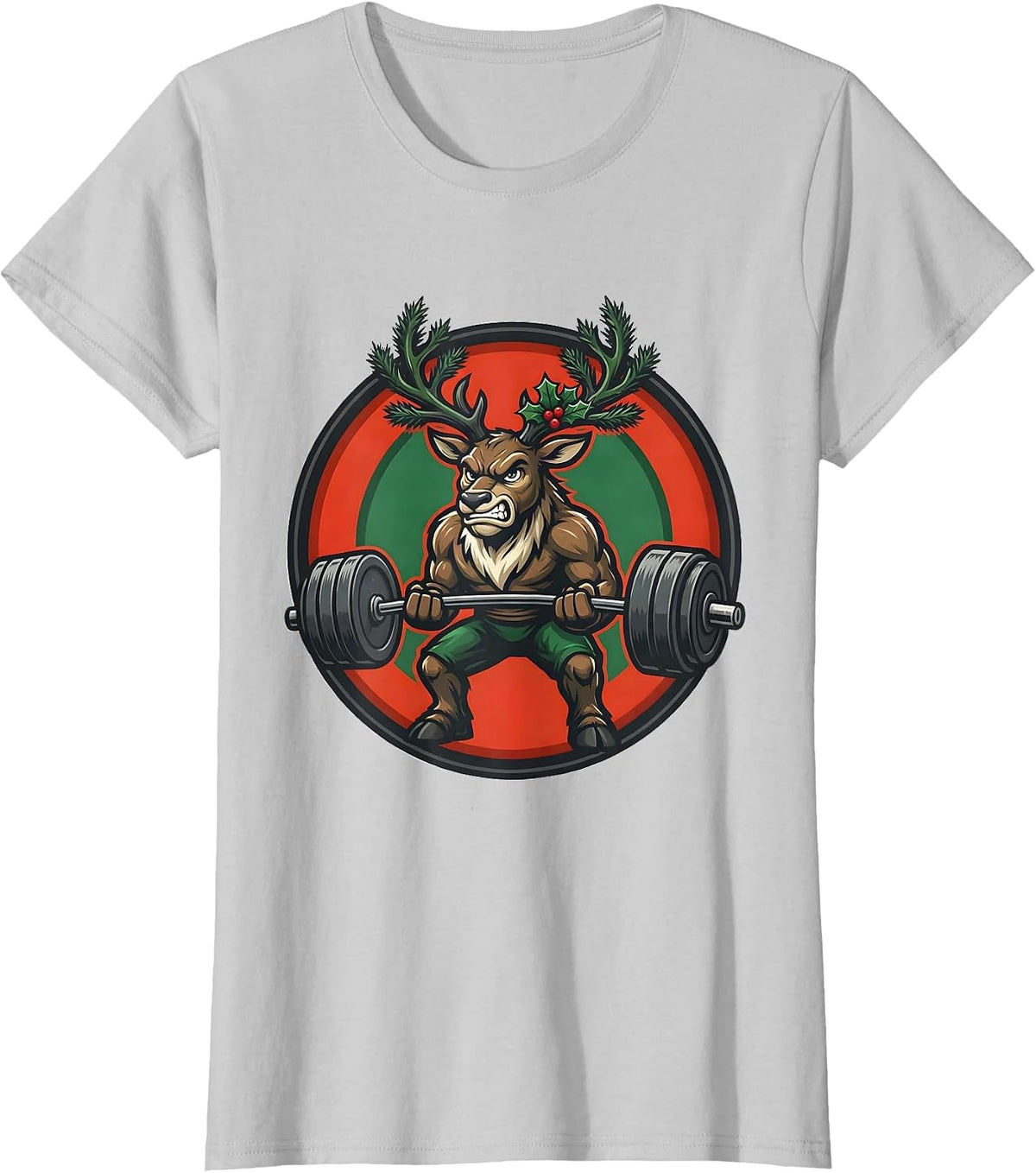Reindeer Mascot Weightlifting Christmas Gym Humor T-Shirt - Silver Grey