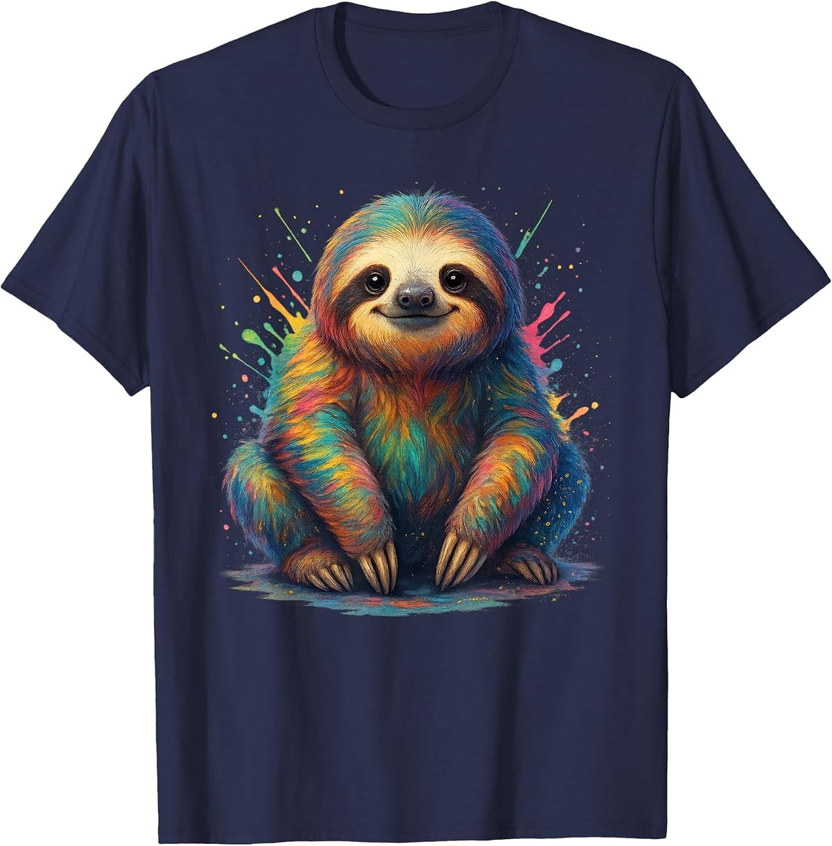 Colorful Watercolor Sloth T-Shirt - Navy Blue