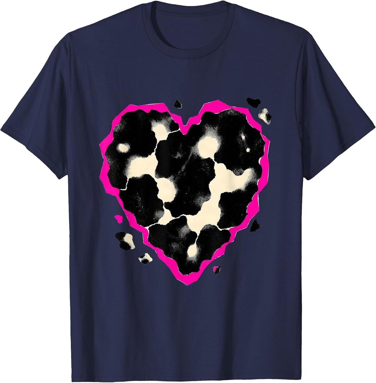 Cow Print Heart Pattern Playful Cow Lover Novelty T-Shirt - Navy Blue