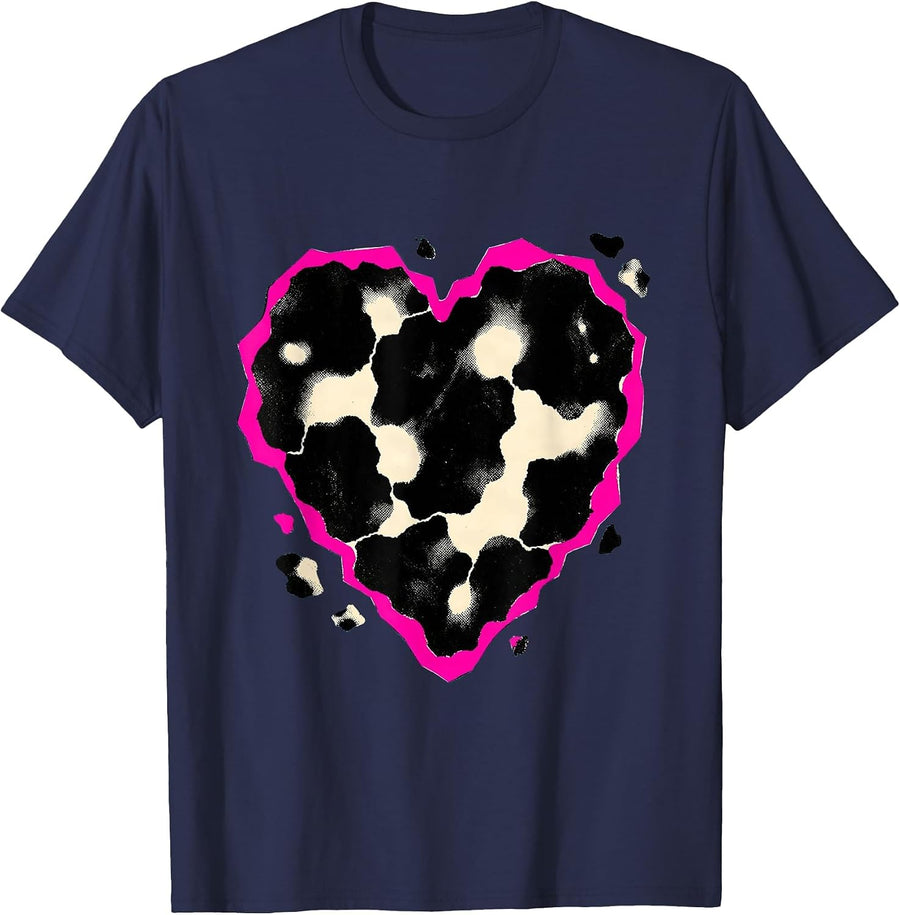 Cow Print Heart Pattern Playful Cow Lover Novelty T-Shirt - Navy Blue