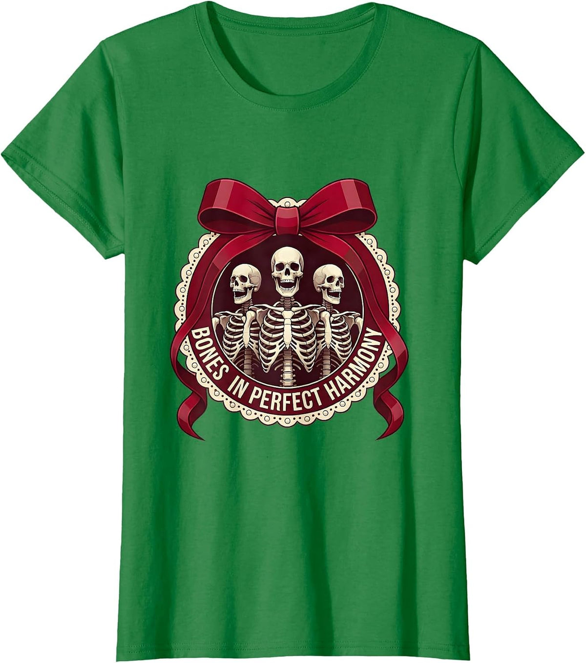 Women's Bones In Perfect Harmony Halloween Skeleton Choir T-Shirt - Kelly Green