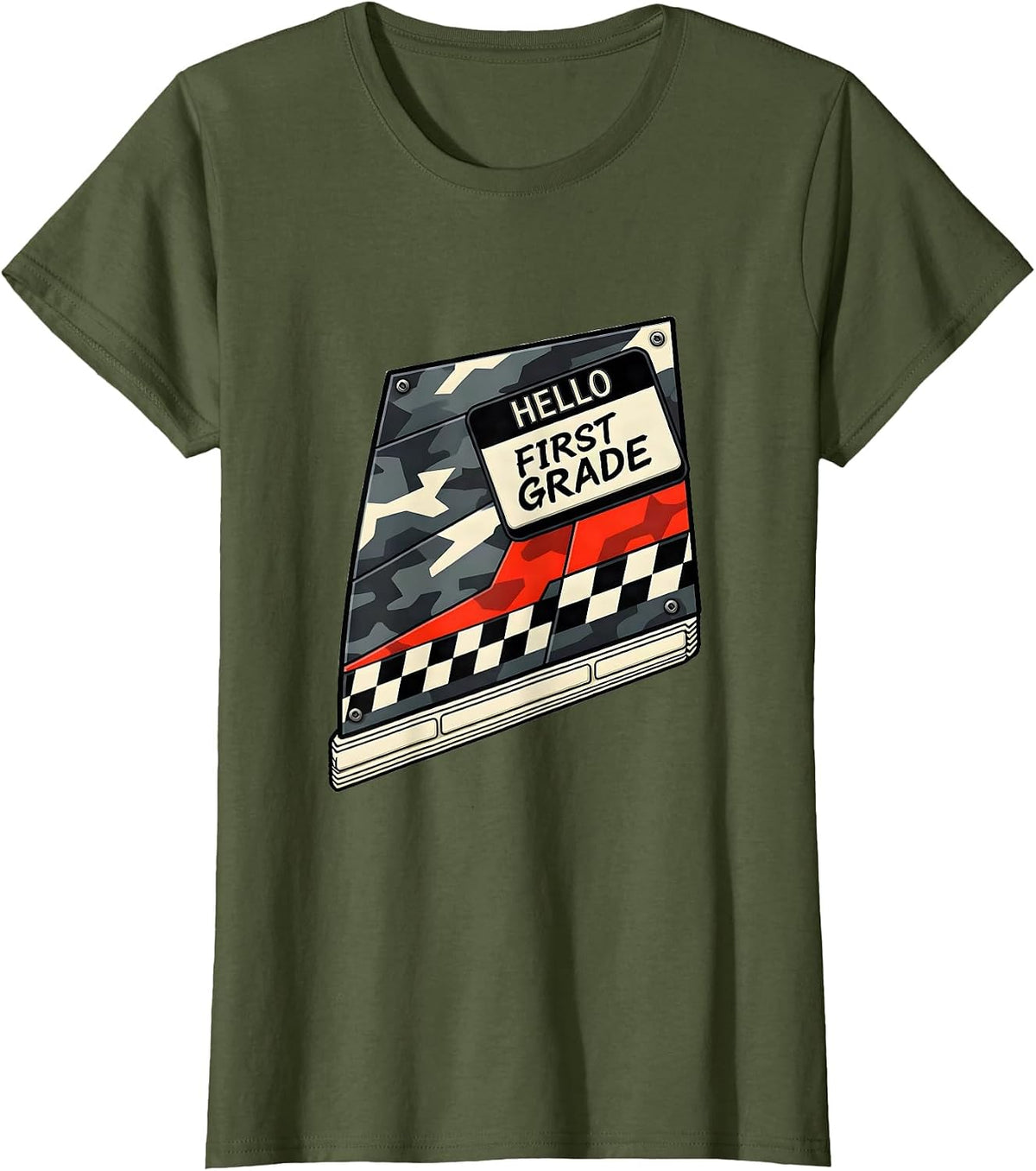 Women's Hello First Grade Camo Back To School Boys Teachers T-Shirt - Olive Green
