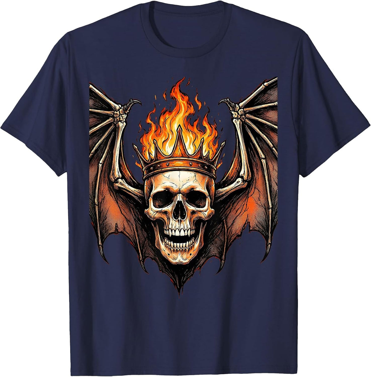 Flaming Skull Bat Wings Dark Gothic Design T-Shirt - Navy Blue