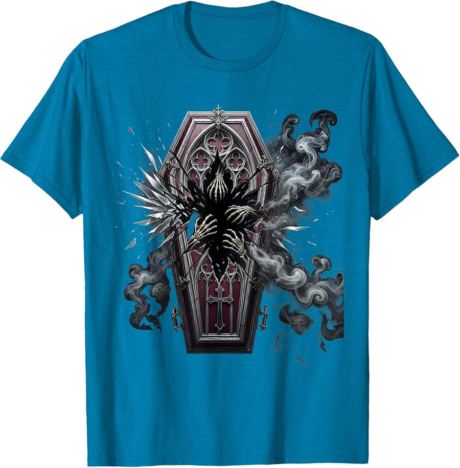 Dark Energy Coffin Burst Heavy Metal Graphic T-Shirt - Sapphire Blue