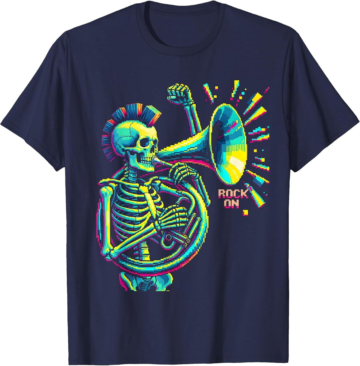 Rock On Punk Skeleton Skull Halloween Music Humor T-Shirt - Navy Blue
