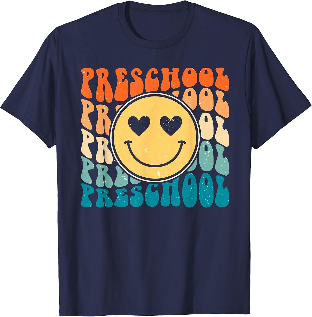 Back to School Groovy Smile Preschool Teachers Students Kids T-Shirt - Navy Blue