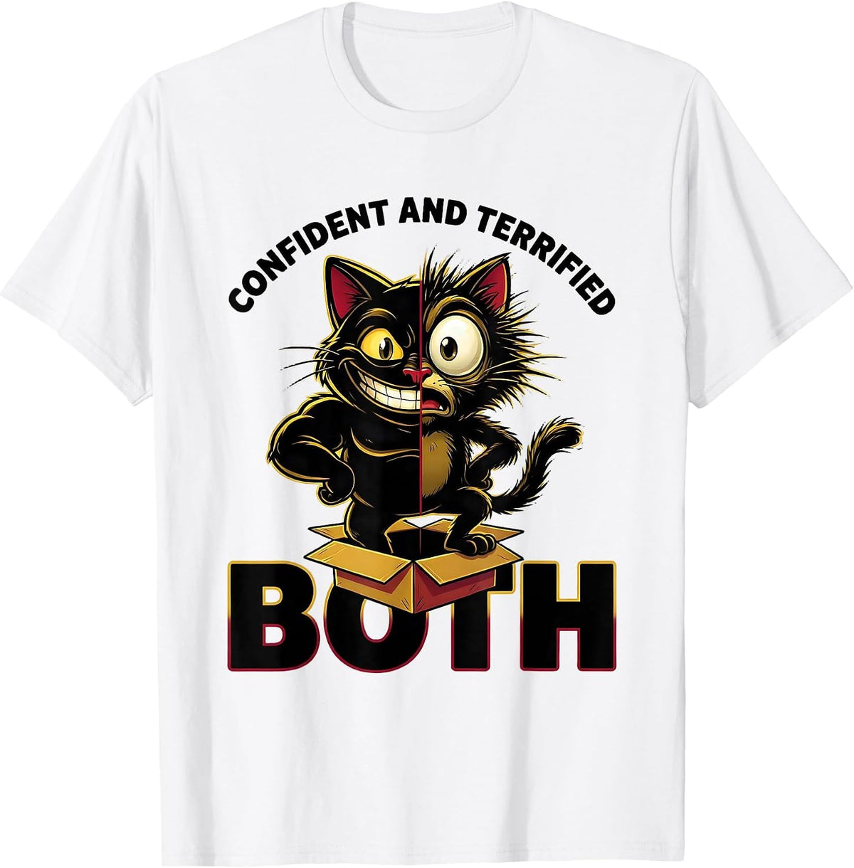 Men's Confident And Terrified, Both Cartoon Quantum Physics Humor T-Shirt - White