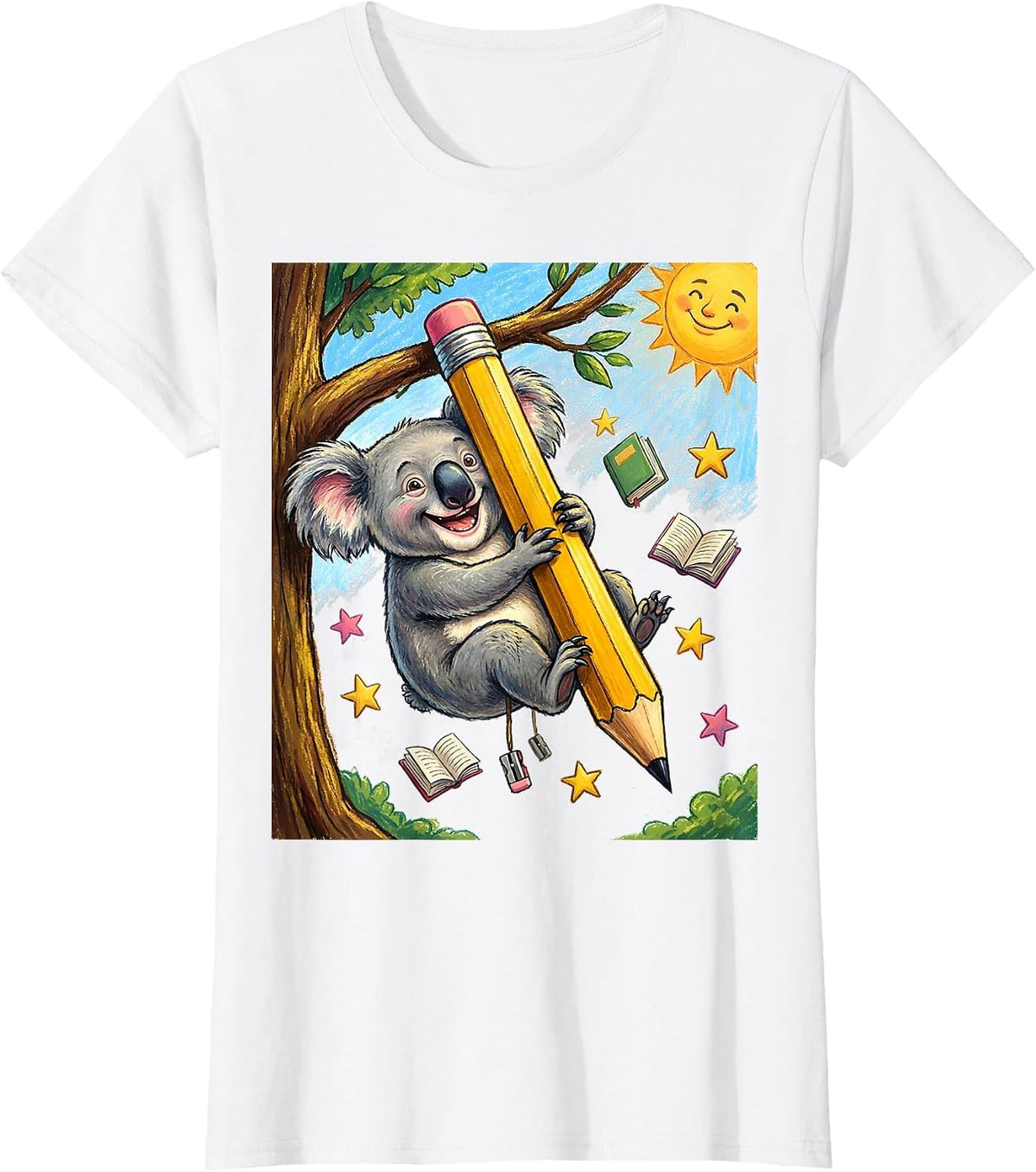 Koala on Pencil Back to School Kids Graphic T-Shirt - White