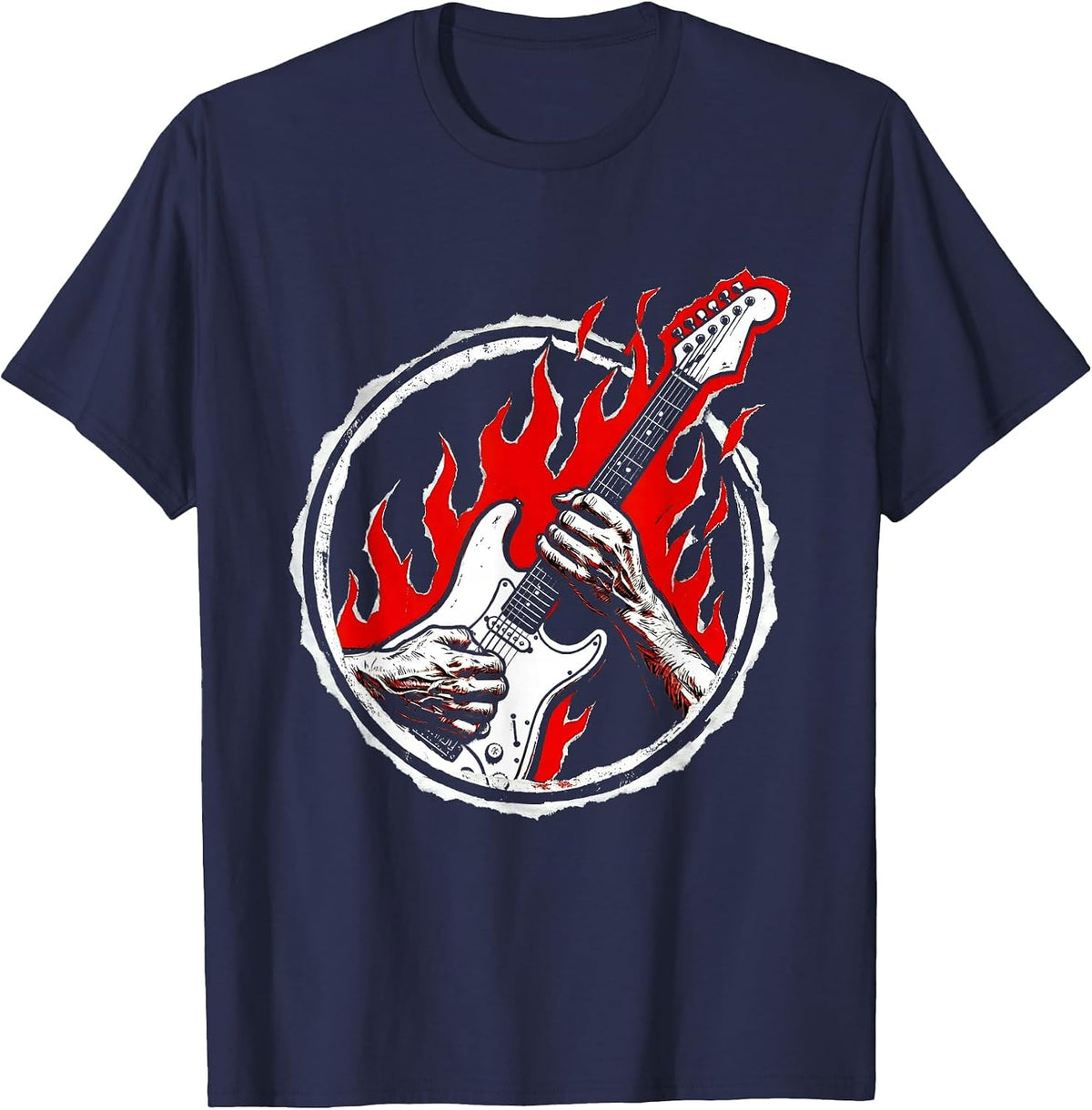 Flaming Guitar Shred Vintage Rock Band Graphic T-Shirt - Navy Blue