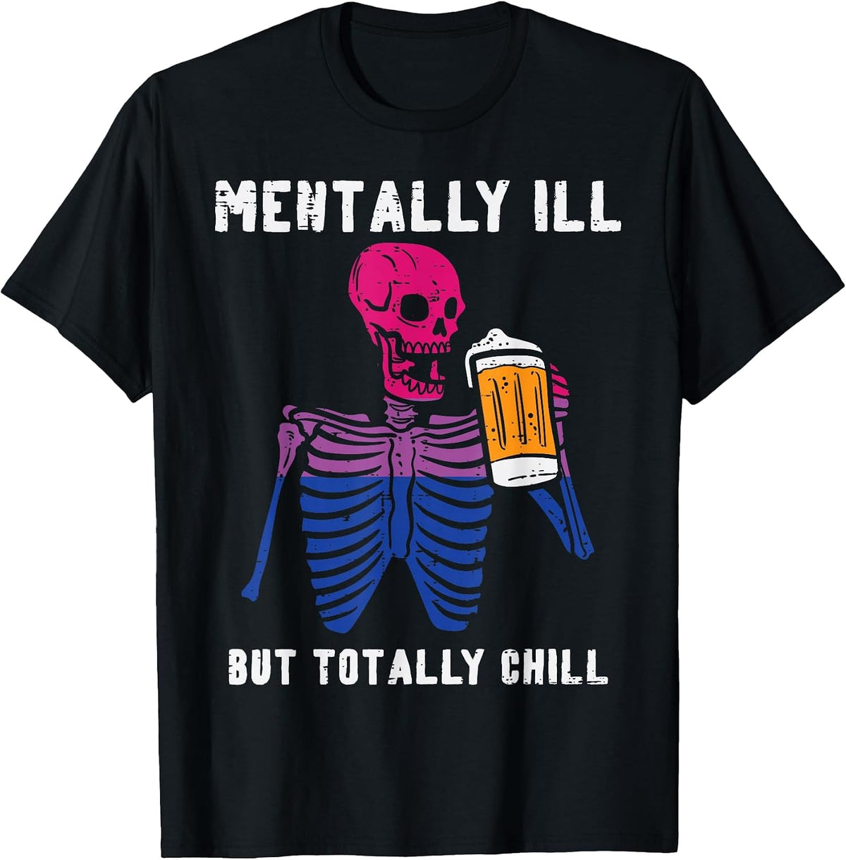 Bisexual Skeleton Mentally Ill Bi Pride Flag LGBTQ Dad Men T-Shirt - Black