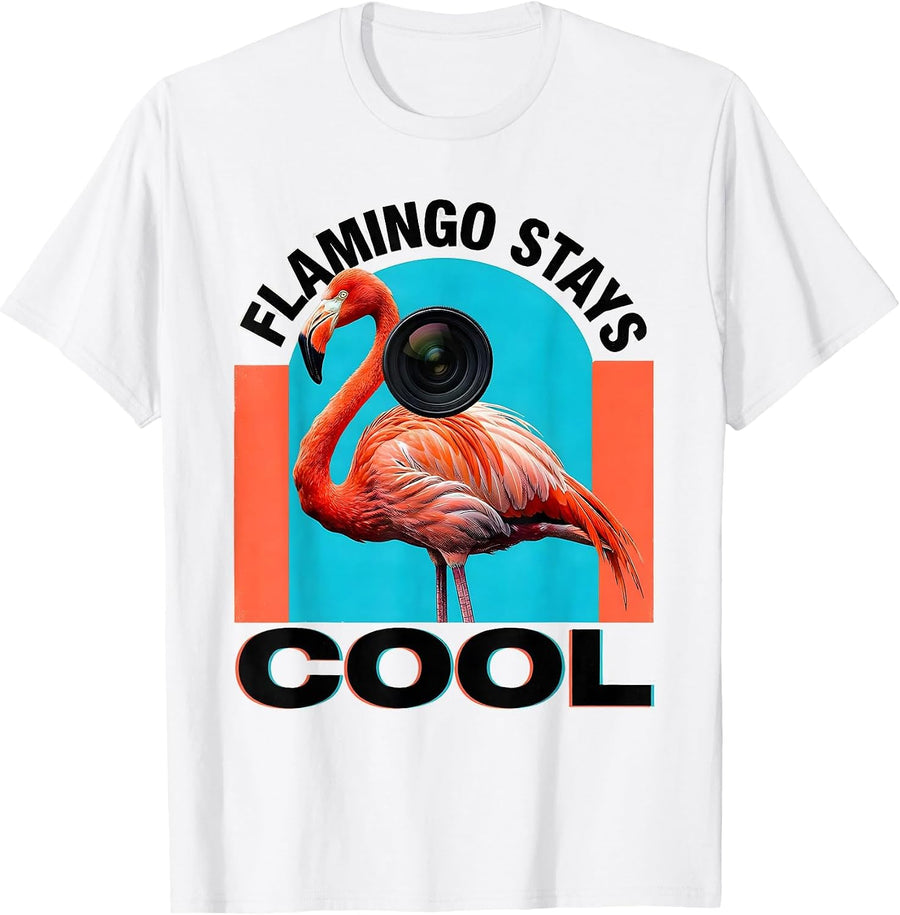 Men's Flamingo Stays Cool Funny Animal Lover Novelty Sunglasses T-Shirt - White
