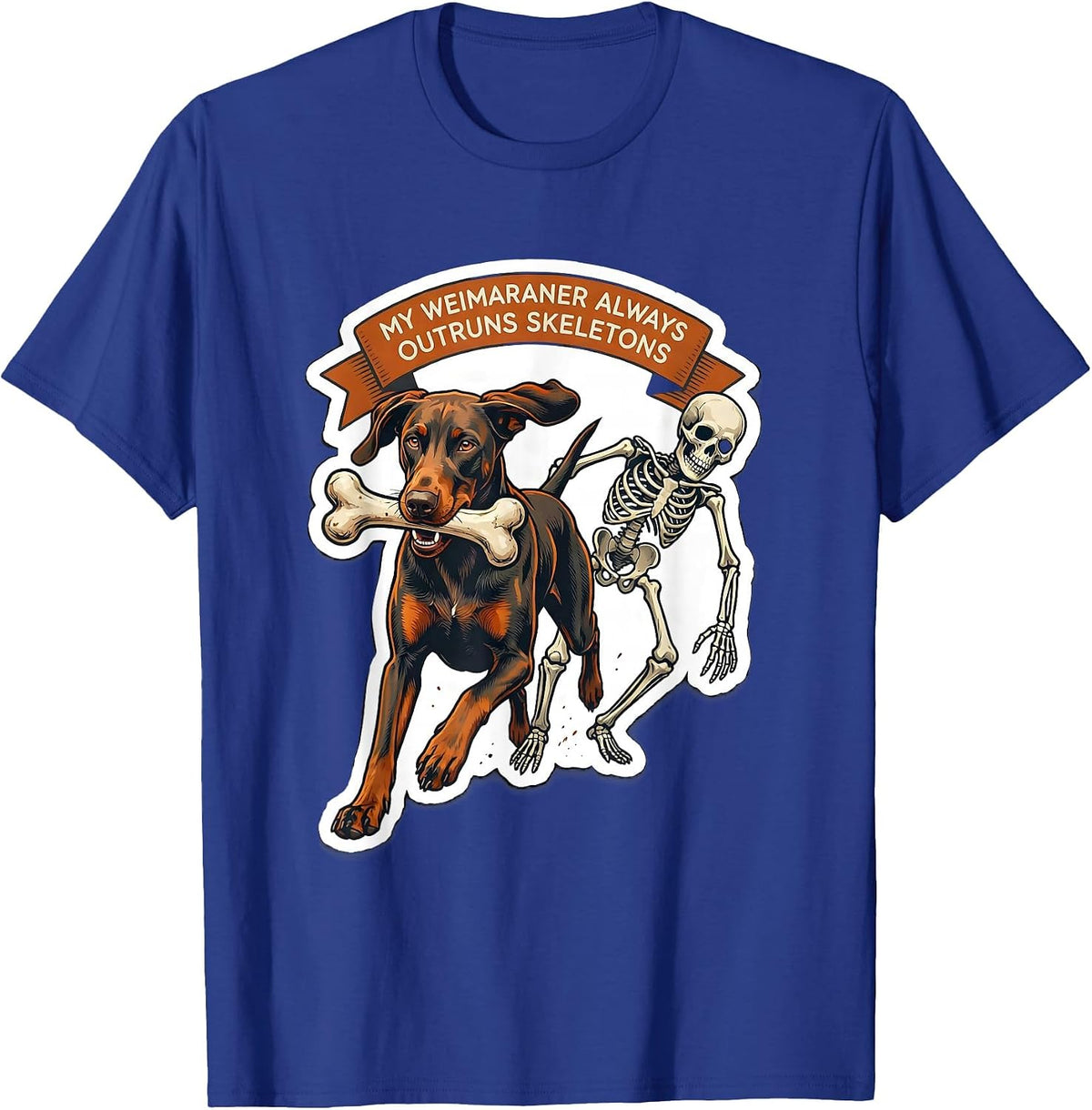 Men's My Weimaraner Always Outruns Skeletons Funny Halloween Dog T-Shirt - Royal Blue