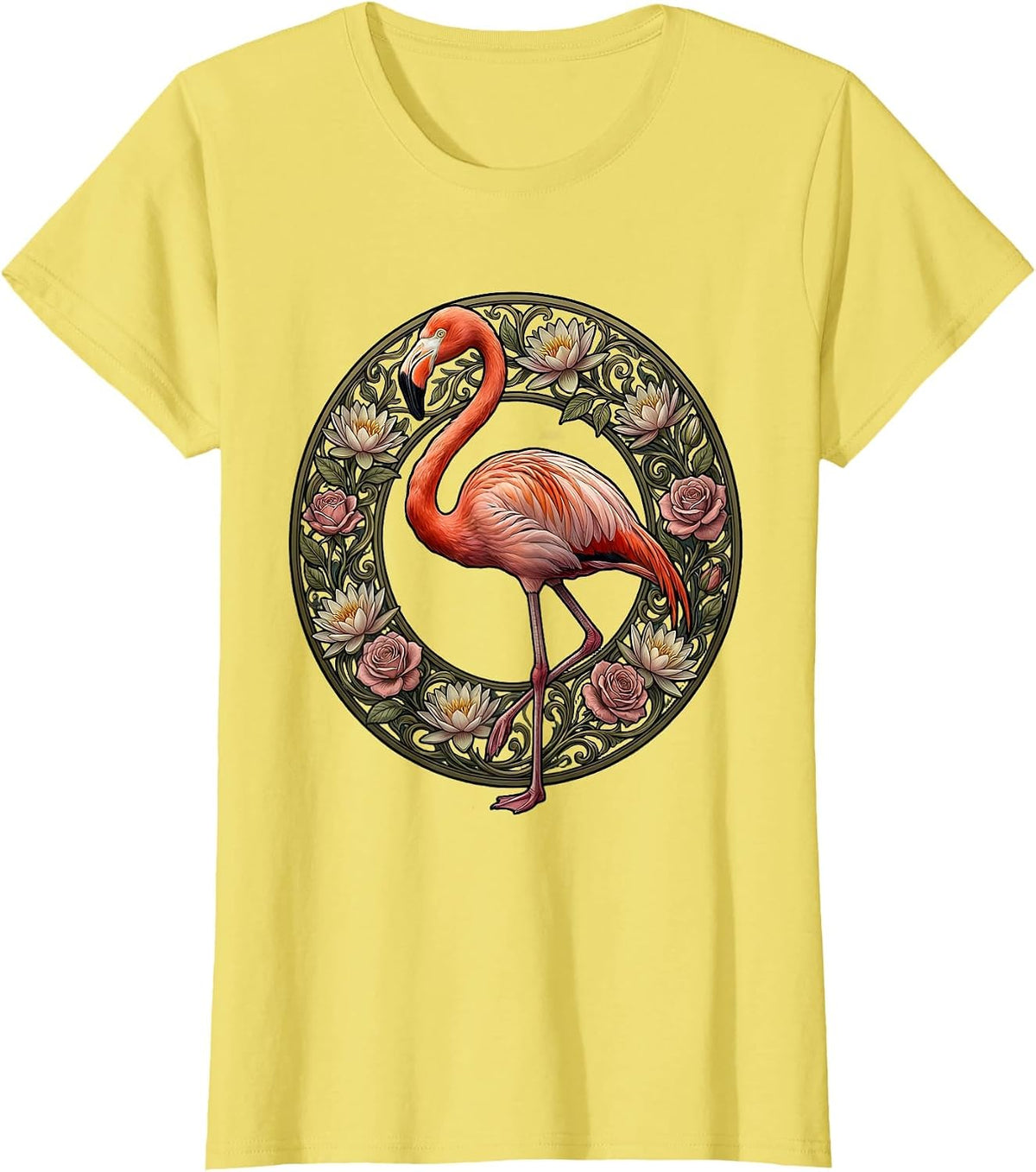 Flamingo Floral Wreath Colorful Botanical Design T-Shirt - Lemon Yellow