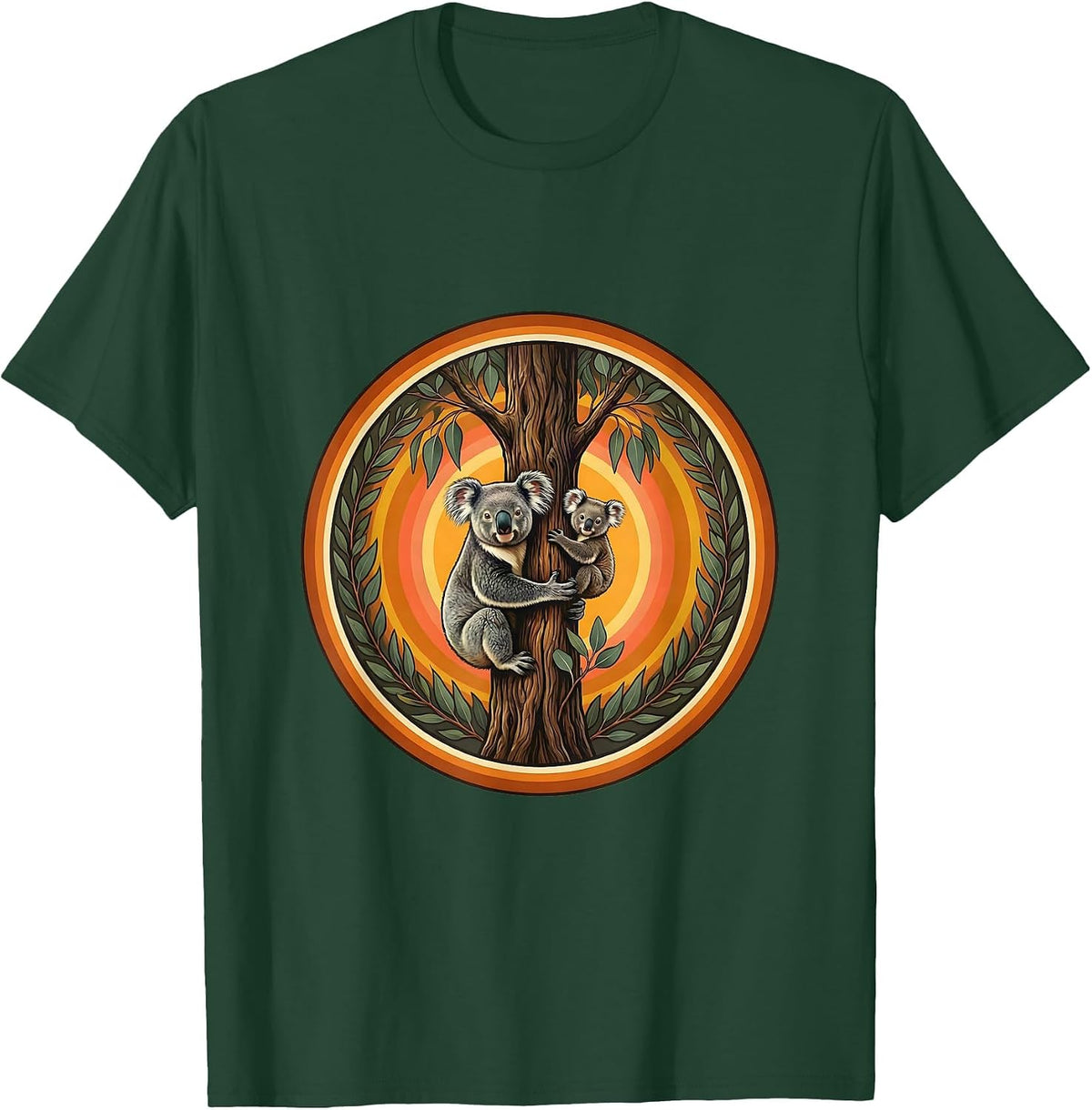 Men's Mama Koala and Baby Clinging to Tree Design T-Shirt - Dark Green