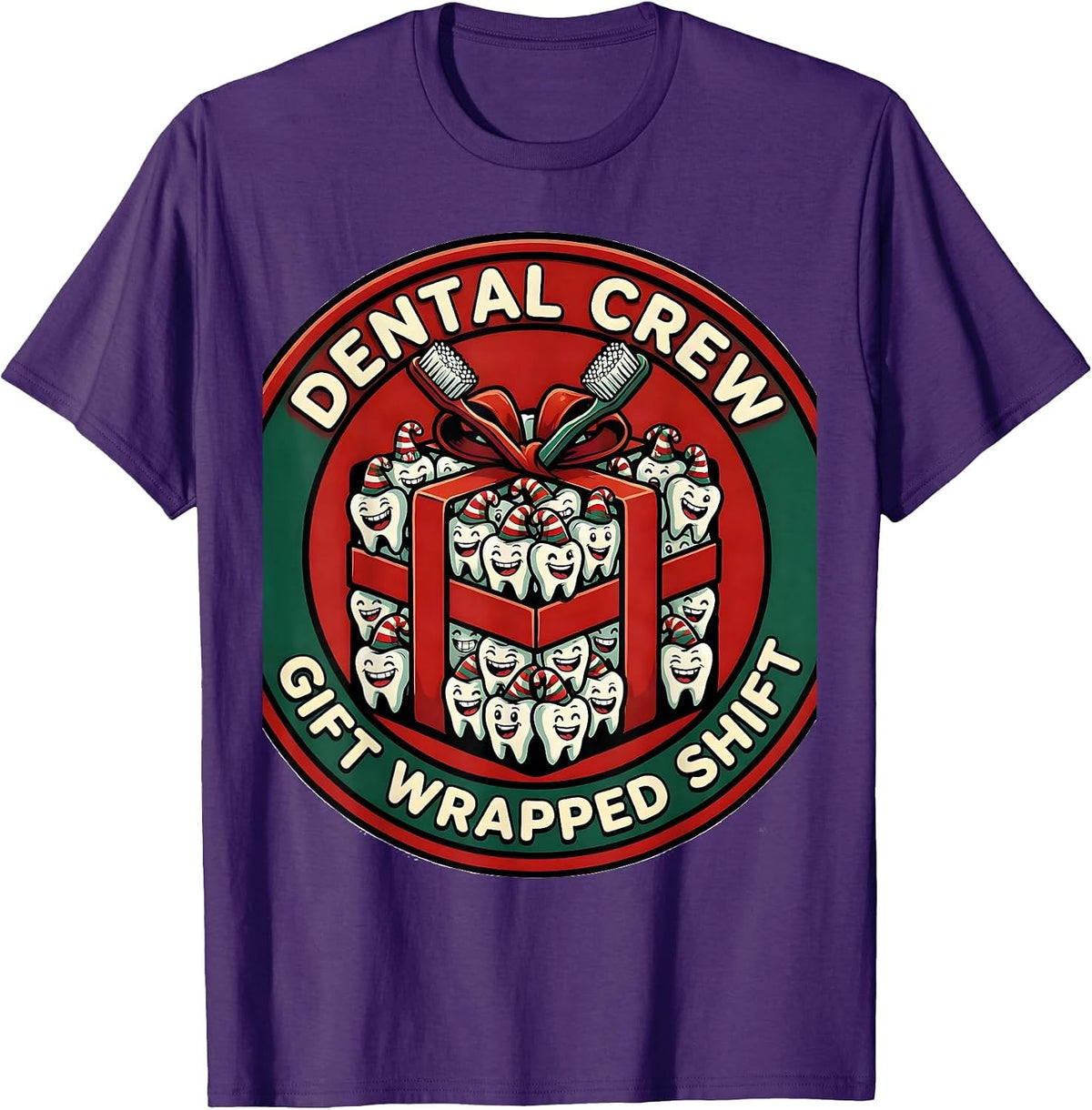 Men's Dental Crew Gift Wrapped Shift Cartoon Dental Team Holiday T-Shirt - Purple