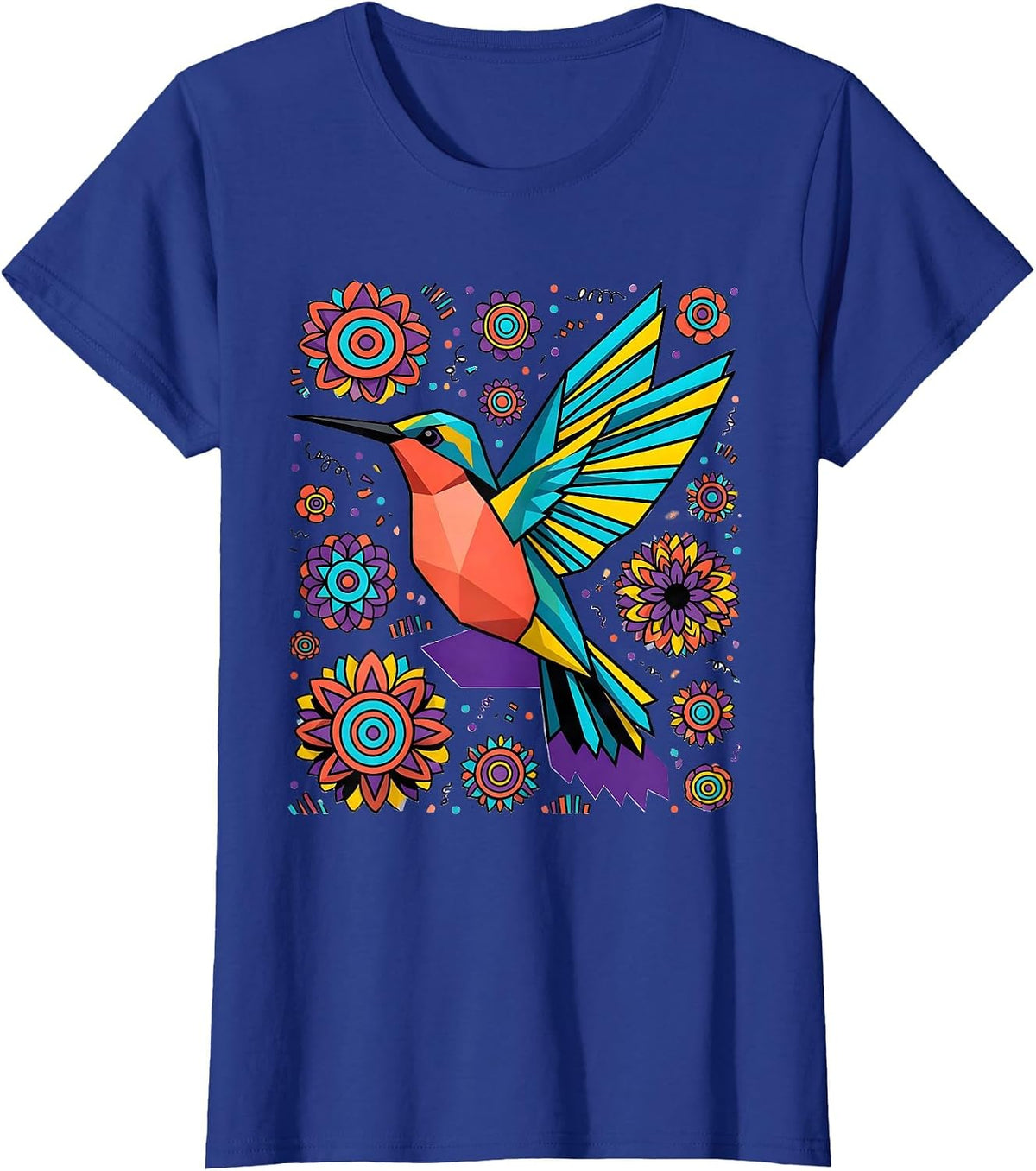 Women's Hummingbird in Flight Among Bursting Blossoms T-Shirt - Royal Blue