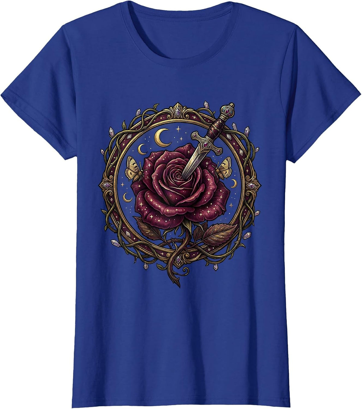 Women's Emo Dagger Wilting Flower Dark Aesthetic Graphic T-Shirt - Royal Blue