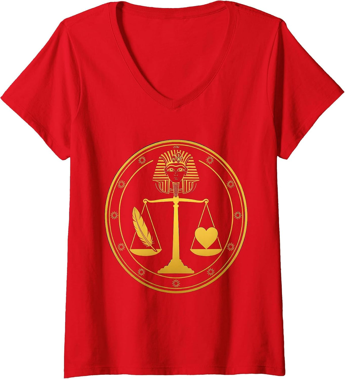 Women's Ancient Scales Feather and Heart Balance Design V-Neck T-Shirt - Red