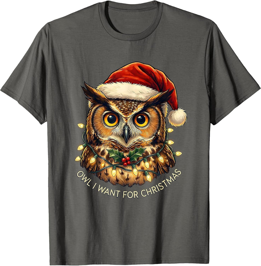 Owl I Want For Christmas Funny Animal Christmas Lights T-Shirt - Asphalt Grey