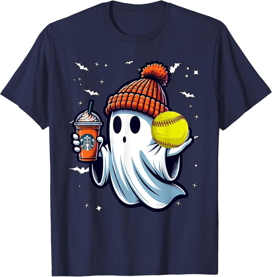 Ghost Pumpkin Drinks Beanie Fall Softball Lovers Halloween T-Shirt - Navy Blue