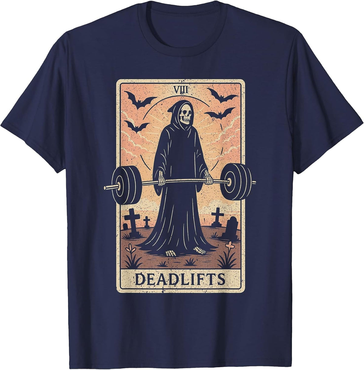 Tarot Card Deadlifts Grim Reaper Weightlifting Workout Gym T-Shirt - Navy Blue
