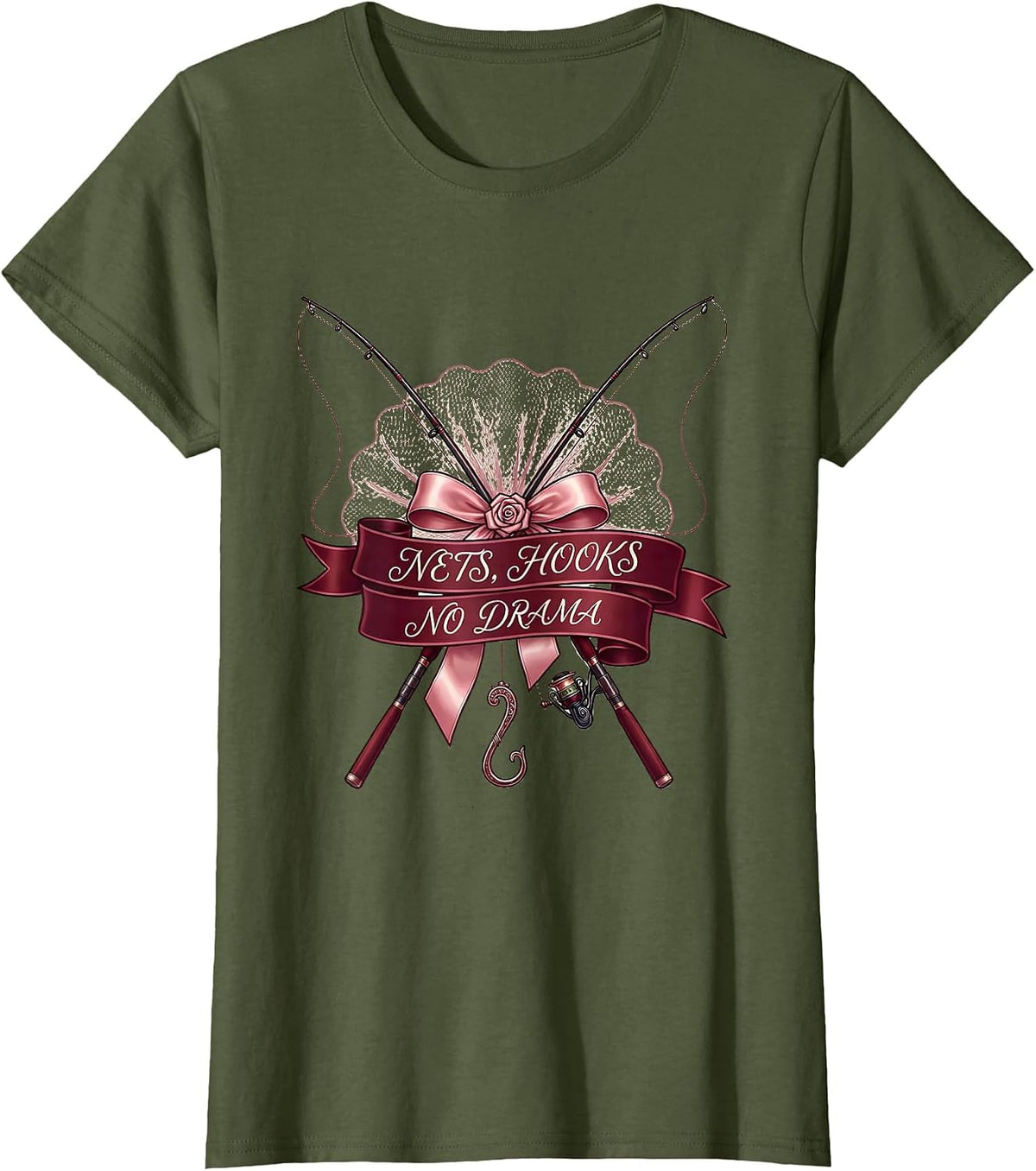 Women's Nets Hooks No Drama Fishing Design T-Shirt - Olive Green