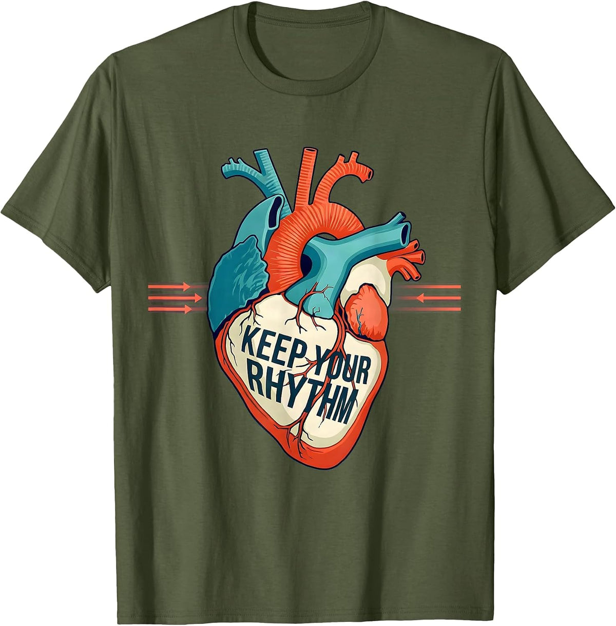 Men's Keep Your Rhythm Flat Vector Anatomical Cardiac Nurse Heart T-Shirt - Olive Green