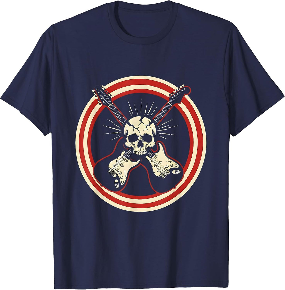 Crossed Guitars Cracked Skull Rock Graphic Tee T-Shirt - Navy Blue