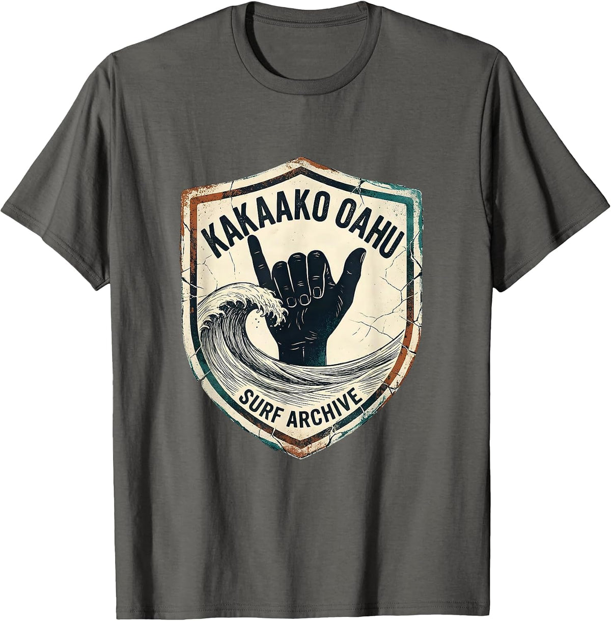 Men's Kakaako Oahu Surf Archive Distressed Vintage Surf Shaka Hand T-Shirt - Asphalt Grey
